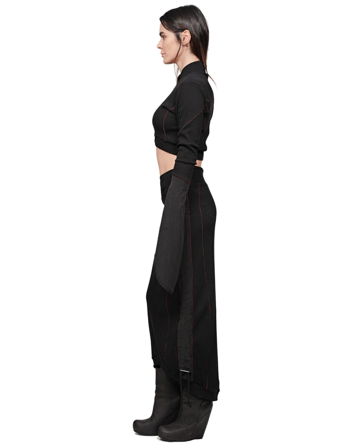 MINOAR - Rib Knit Lilium Layers Crop Top, Women's black cotton top with layered construction - 6
