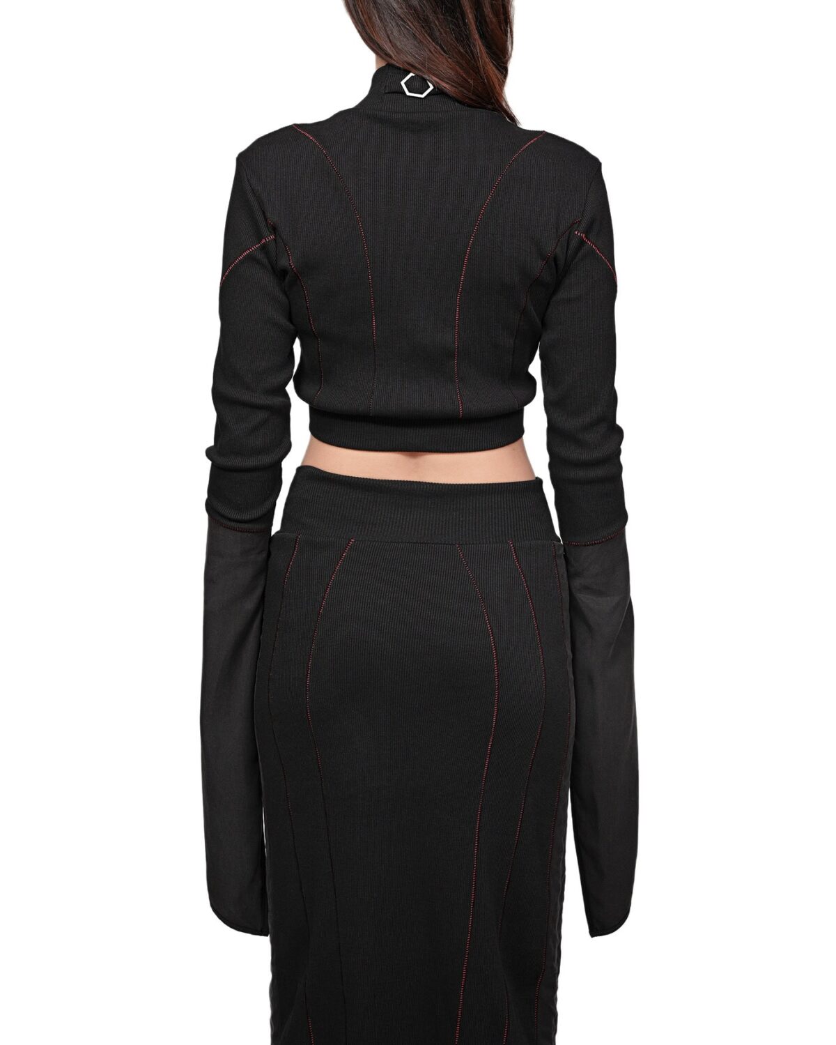 MINOAR - Rib Knit Lilium Layers Crop Top, Women's black cotton top with layered construction - 7