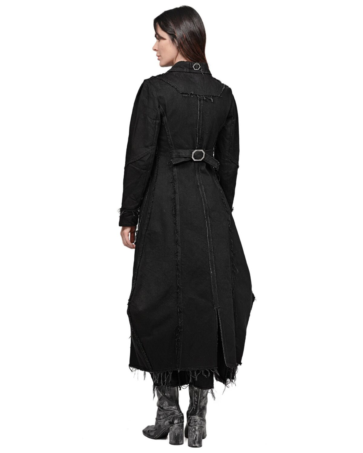 MINOAR - Angular Denim Washed Collar Coat, Women's black cotton coat with multi-segment construction - 6