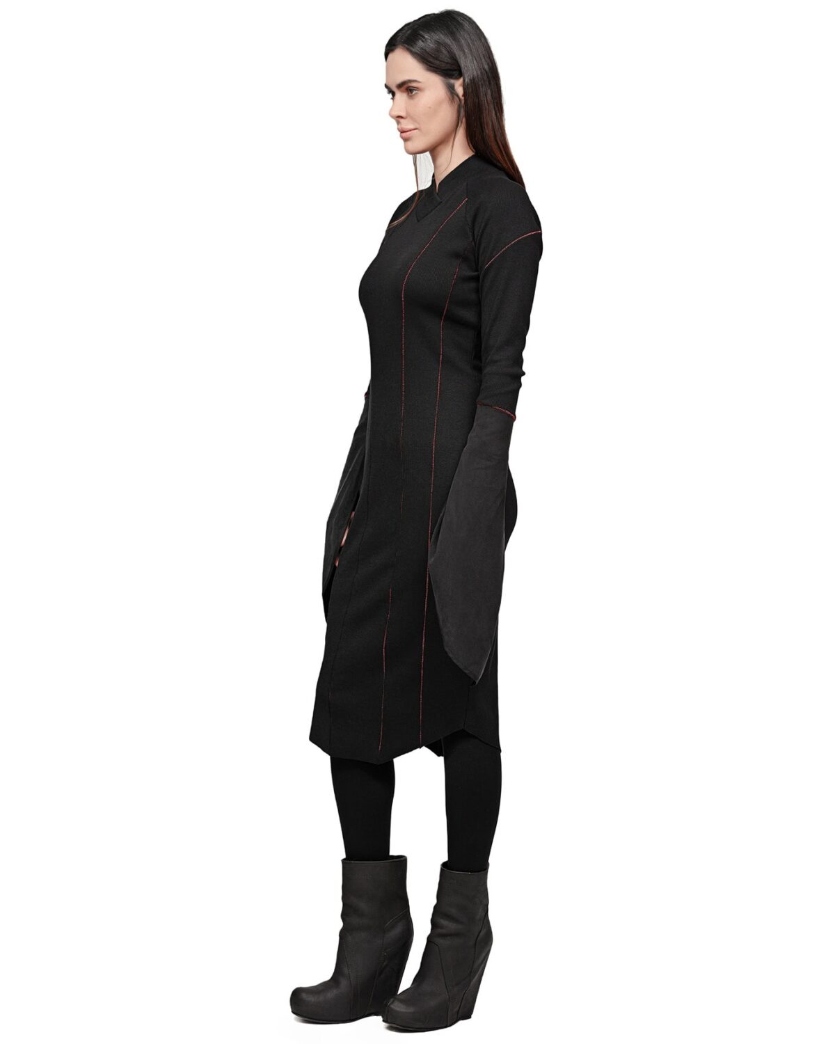 MINOAR - Rib Knit Lilium Turtleneck Dress, Women's black cotton dress with layered construction - 3