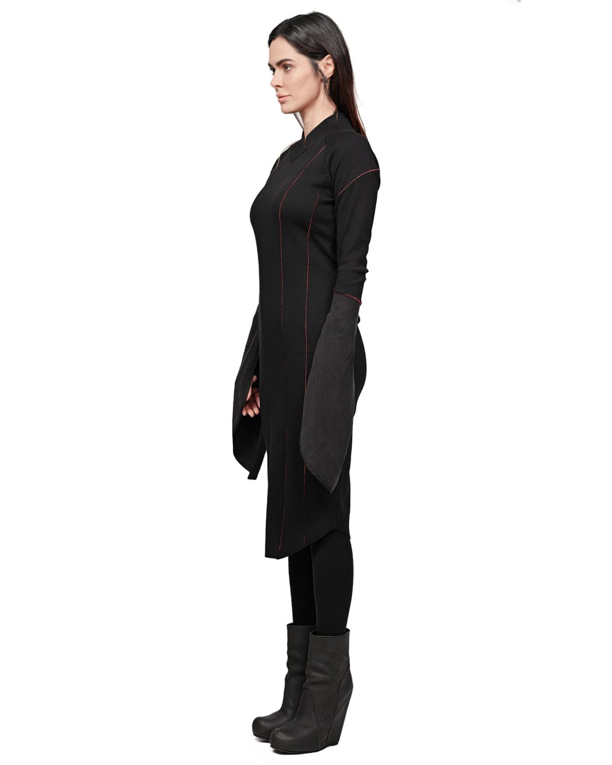MINOAR - Rib Knit Lilium Turtleneck Dress, Women's black cotton dress with layered construction - 4