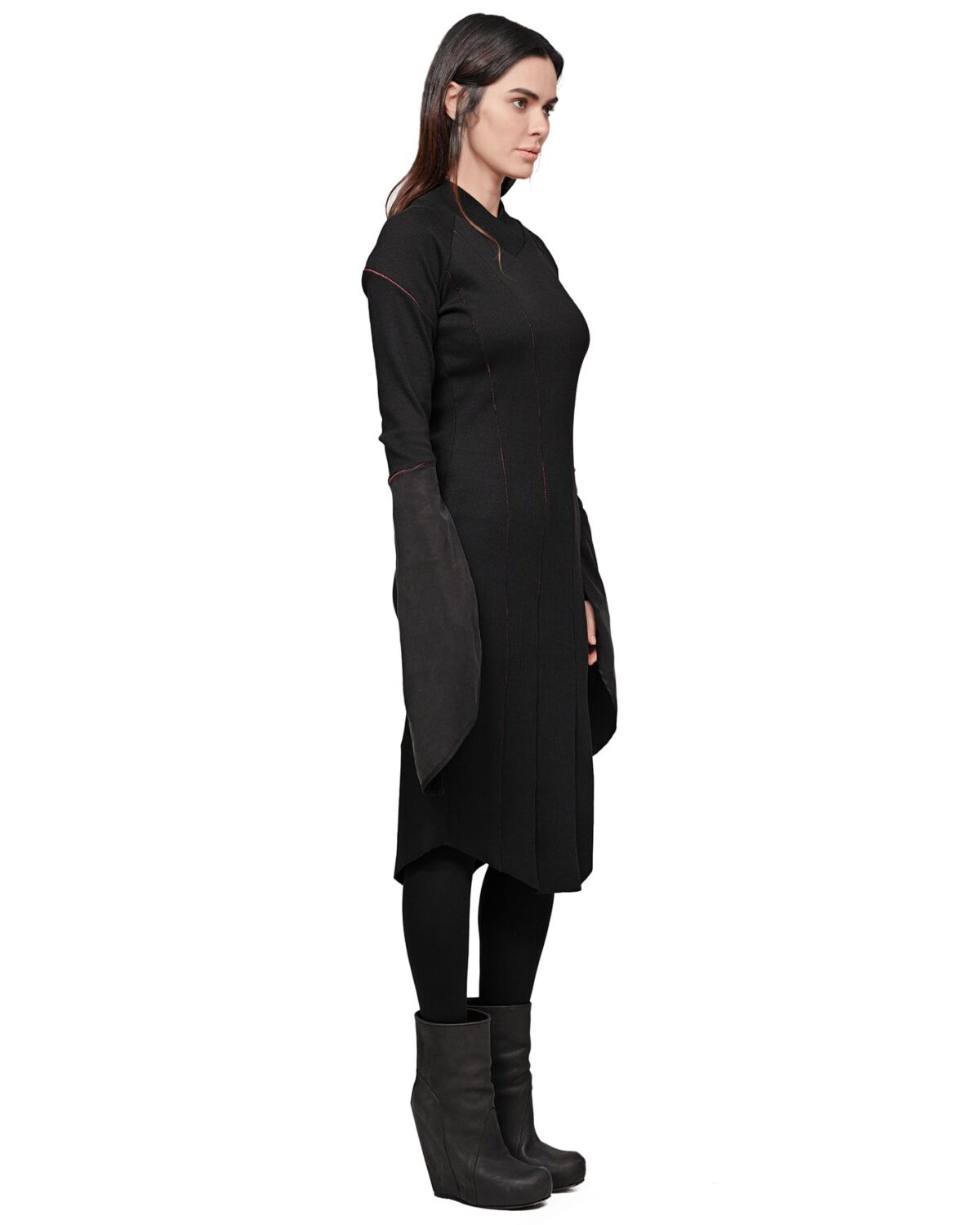 MINOAR - Rib Knit Lilium Turtleneck Dress, Women's black cotton dress with layered construction - 5