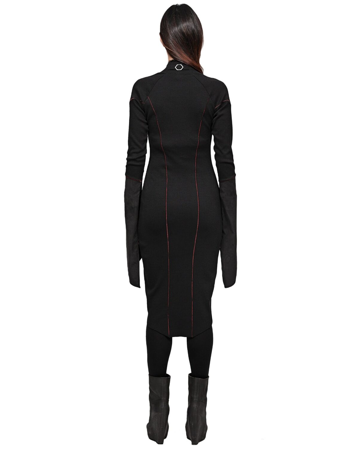 MINOAR - Rib Knit Lilium Turtleneck Dress, Women's black cotton dress with layered construction - 6