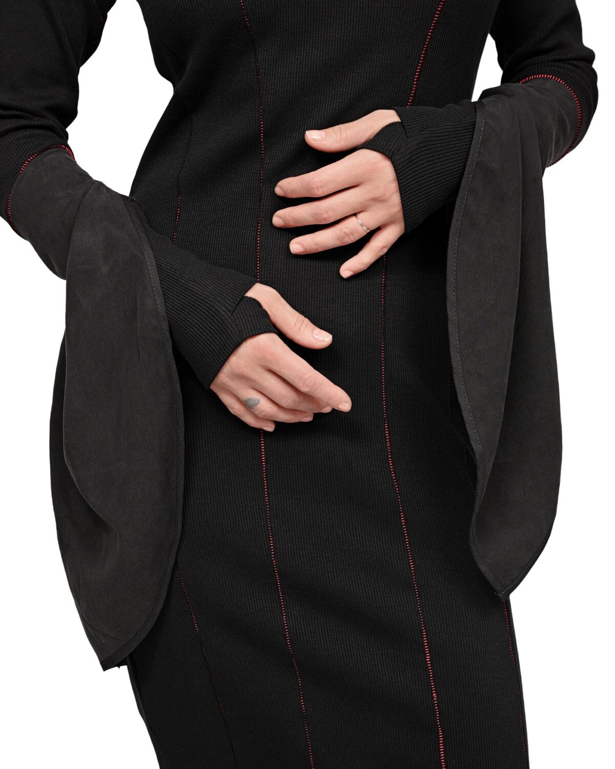 MINOAR - Rib Knit Lilium Turtleneck Dress, Women's black cotton dress with layered construction - 7