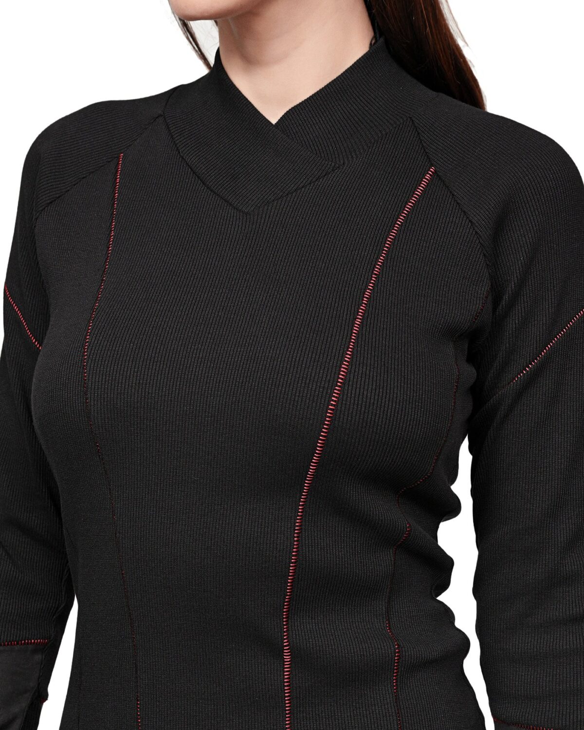 MINOAR - Rib Knit Lilium Turtleneck Dress, Women's black cotton dress with layered construction - 8