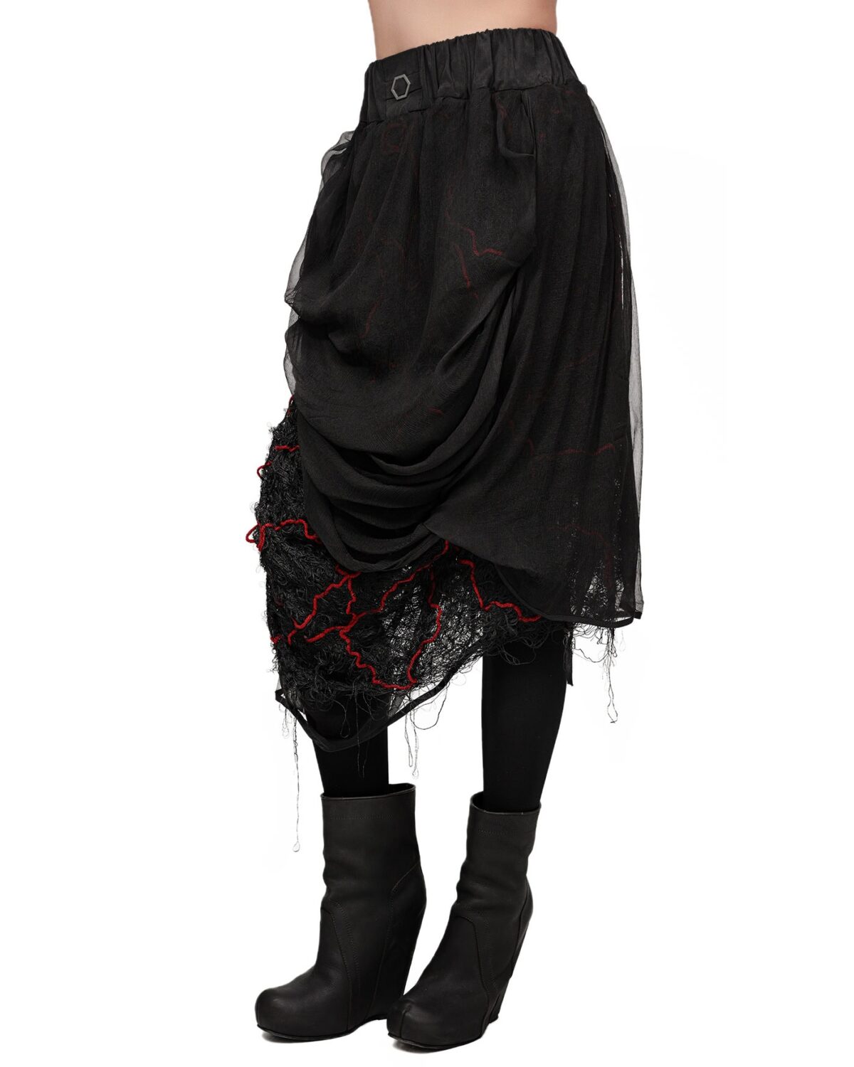MINOAR - Fiber Bond Drape Layers Sheer Skirt, Women's black cotton skirt with Fiber-Bond texture - 3