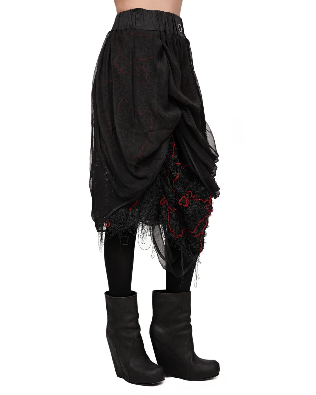 MINOAR - Fiber Bond Drape Layers Sheer Skirt, Women's black cotton skirt with Fiber-Bond texture - 4