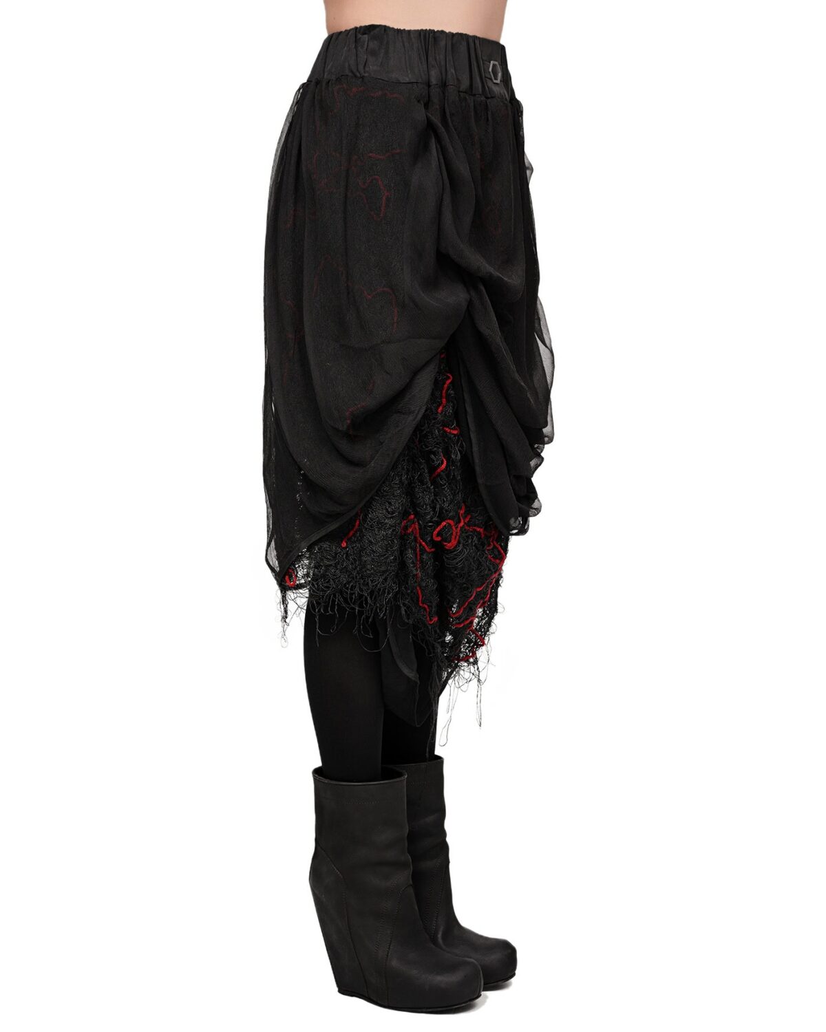MINOAR - Fiber Bond Drape Layers Sheer Skirt, Women's black cotton skirt with Fiber-Bond texture - 5