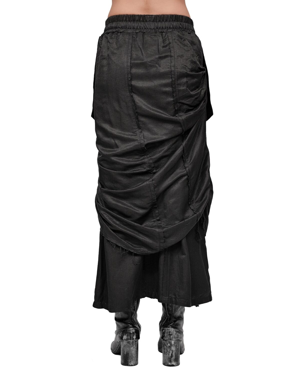 MINOAR - Raw Silk Layers Adjust Skirt, Women's black silk skirt with diagonal welt pockets - 4