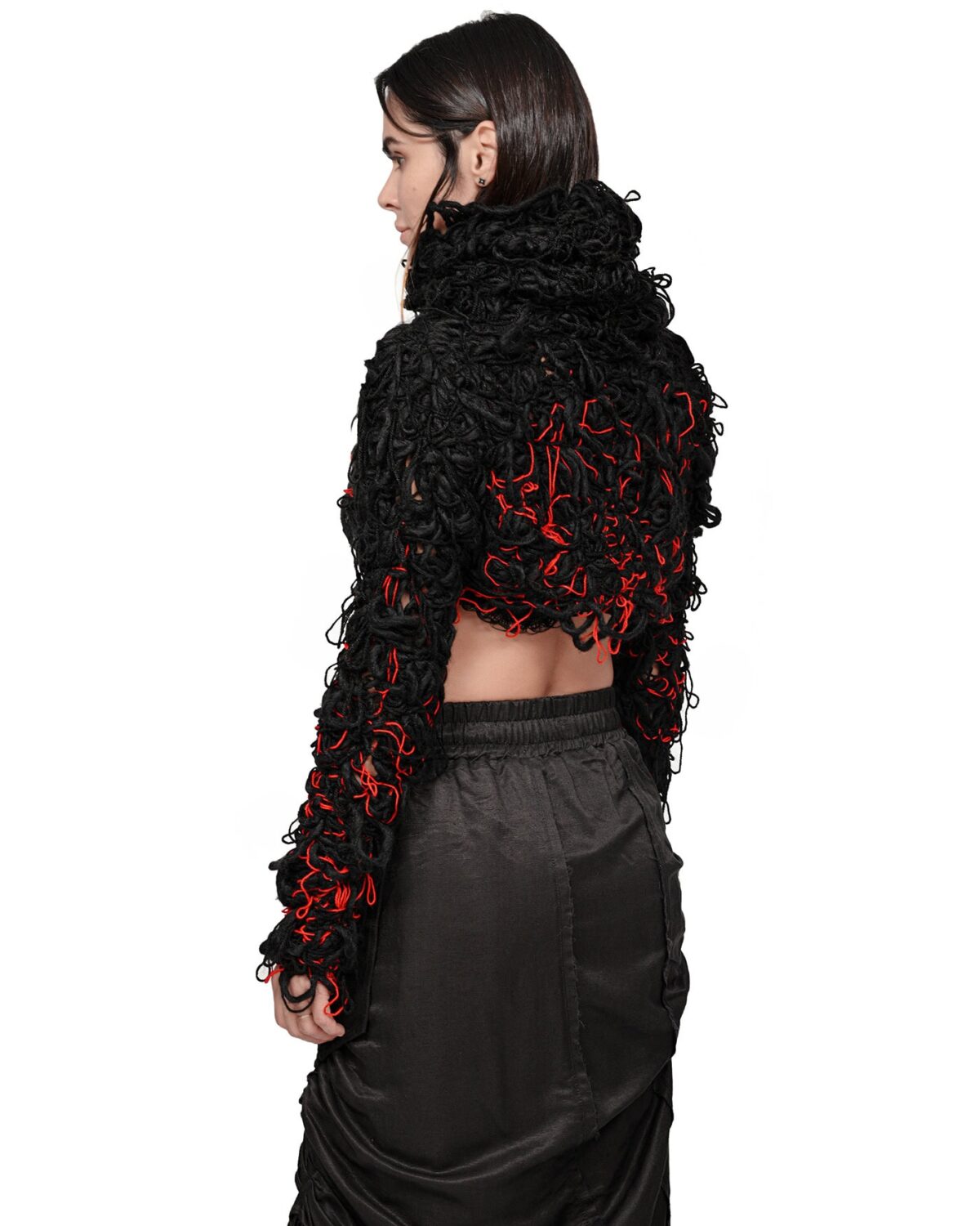 MINOAR - Fiber Bond Pyro High Collar Sweater, Women's black wool sweater with Fiber-Bond texture - 4