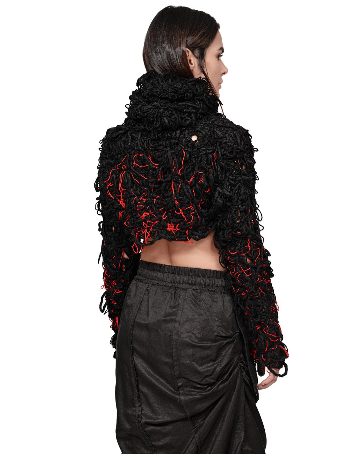 MINOAR - Fiber Bond Pyro High Collar Sweater, Women's black wool sweater with Fiber-Bond texture - 5