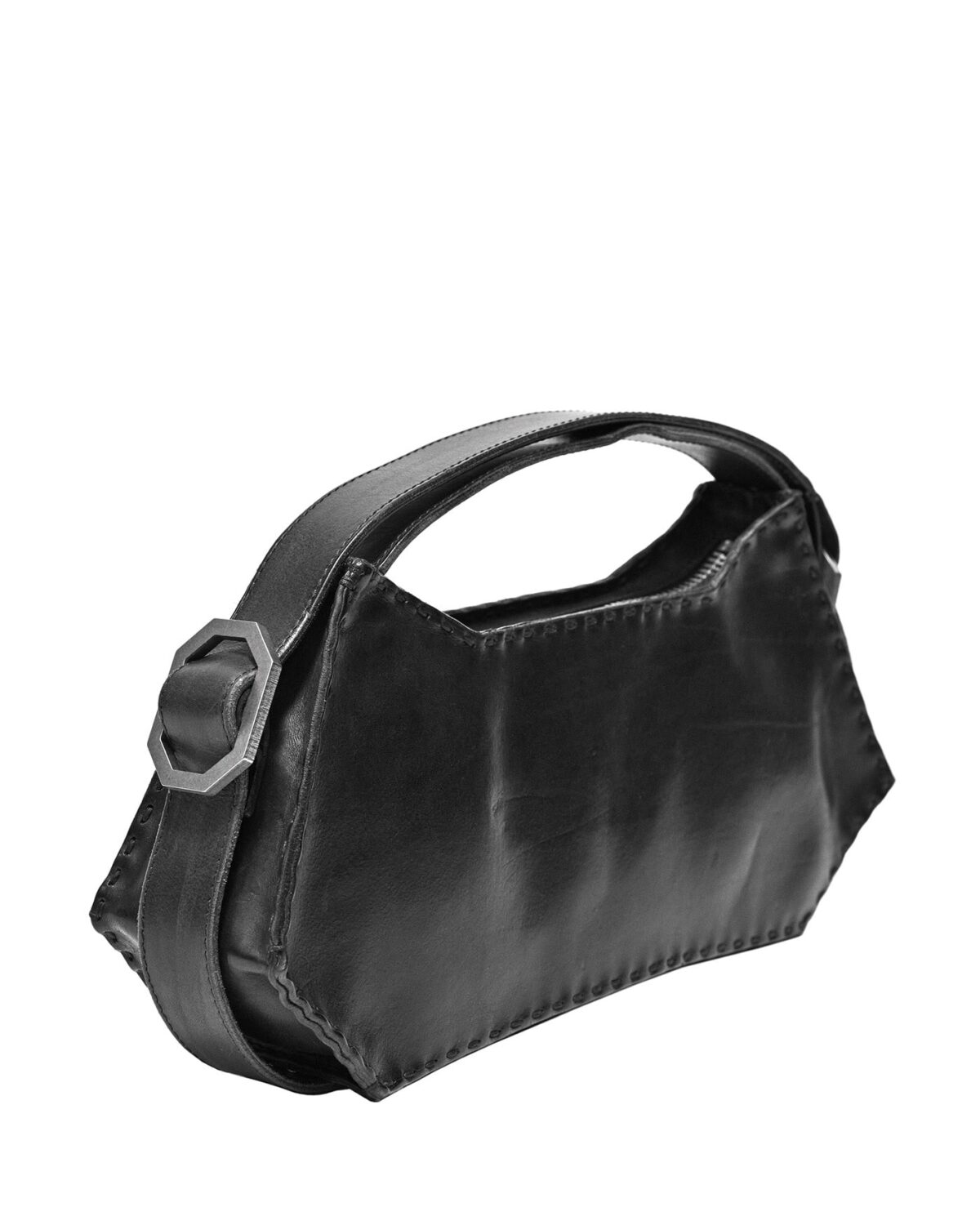MINOAR - Oracle Leather Shoulder Hexa Bag, Unisex black leather bag with steel hardware detail - 6
