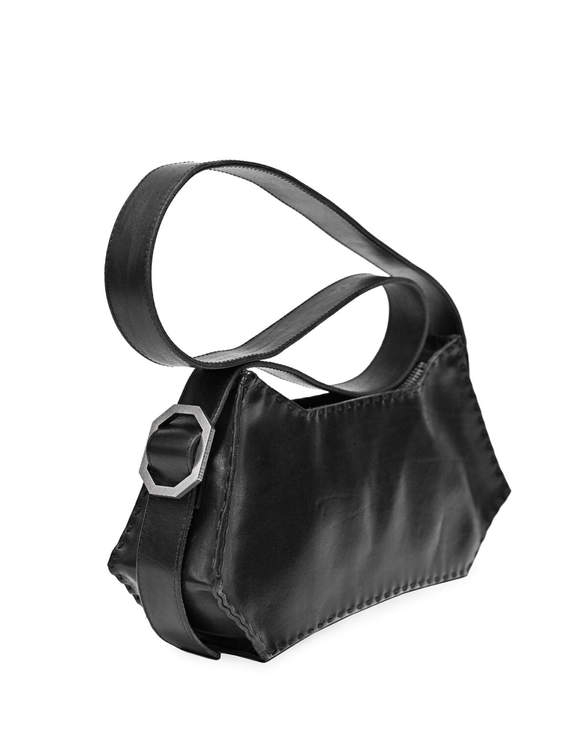 MINOAR - Oracle Leather Shoulder Hexa Bag, Unisex black leather bag with steel hardware detail - 5