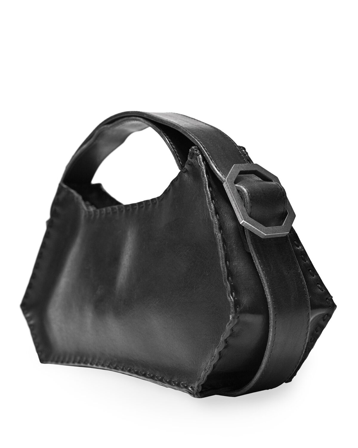 MINOAR - Oracle Leather Shoulder Hexa Bag, Unisex black leather bag with steel hardware detail - 9
