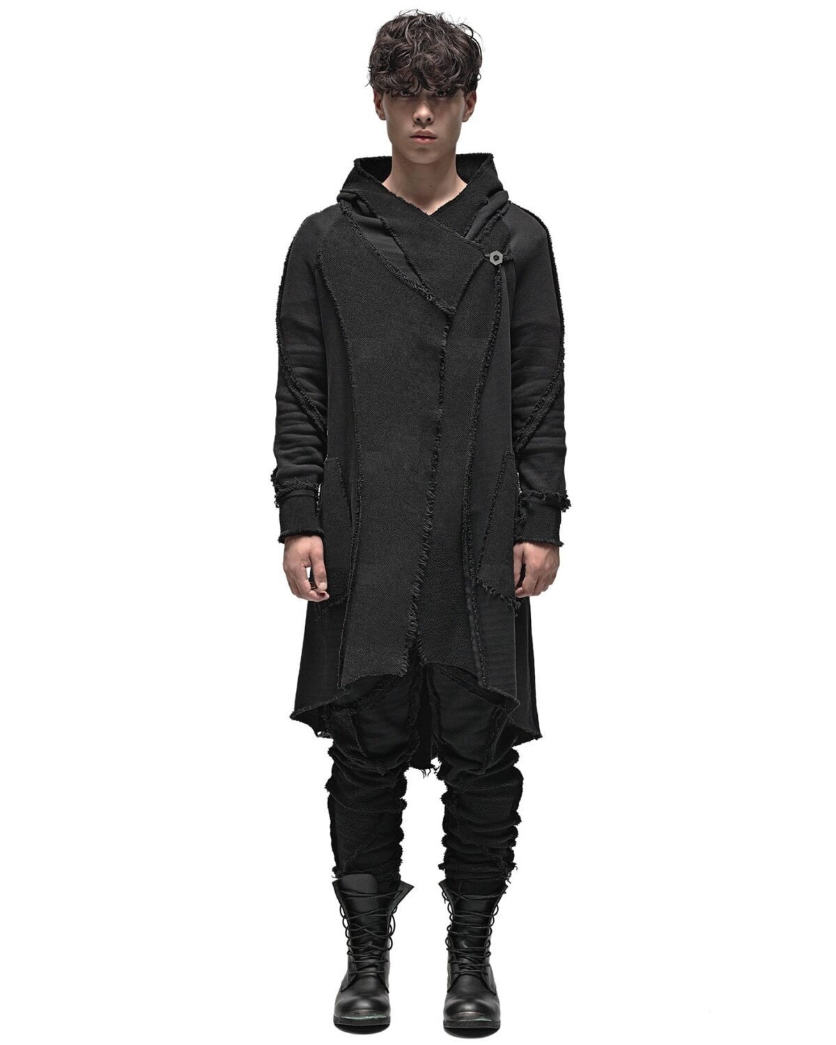 MINOAR - Reverse Edge Hood Buckle Cardigan, Men's black cotton cardigan with multi-segment construction - 3