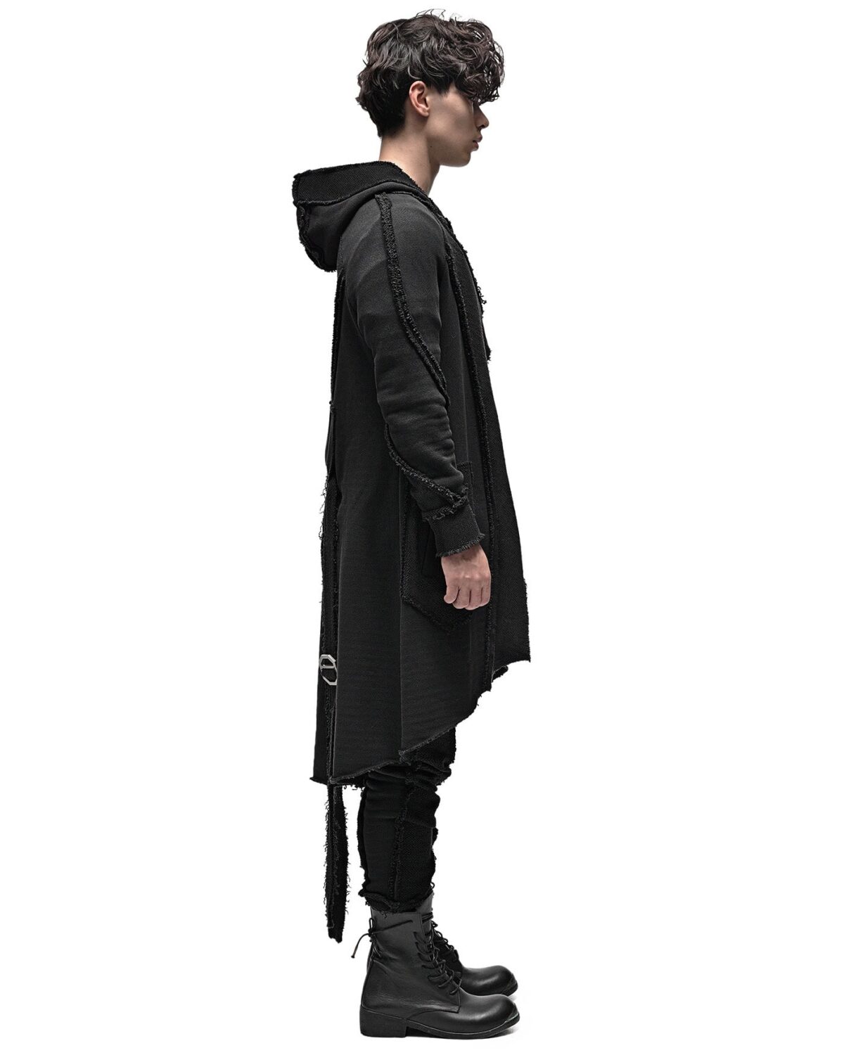 MINOAR - Reverse Edge Hood Buckle Cardigan, Men's black cotton cardigan with multi-segment construction - 4