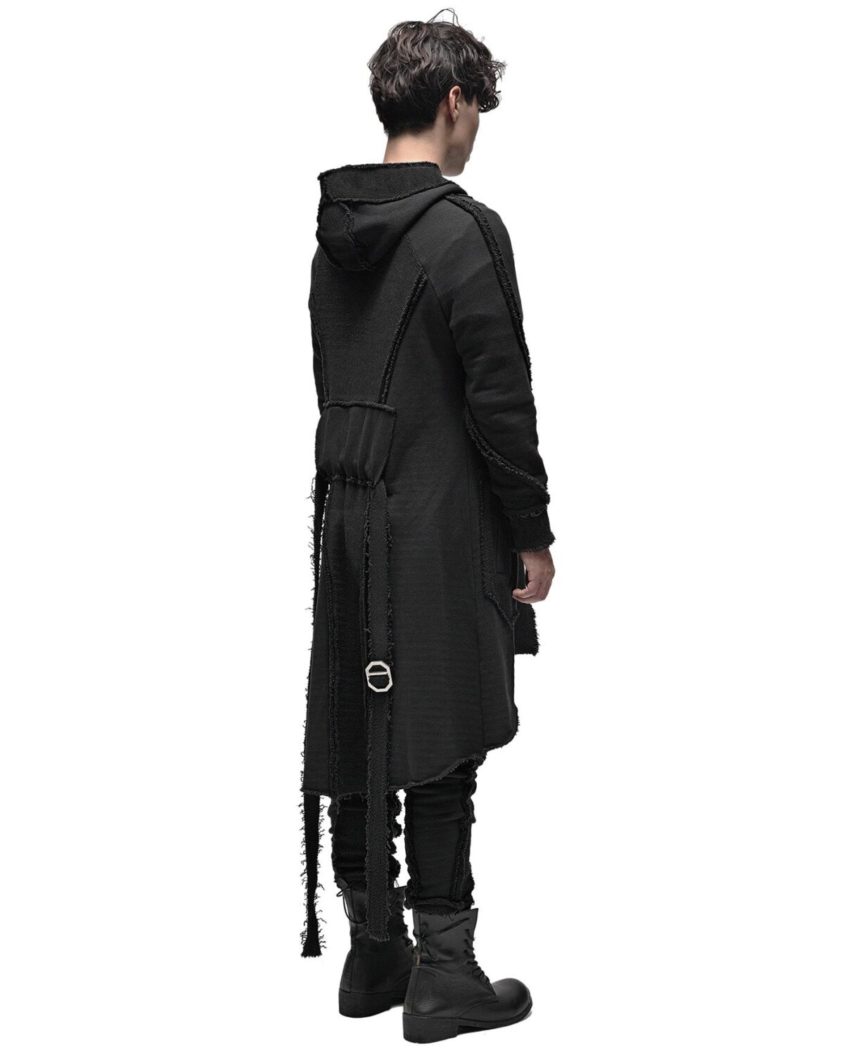 MINOAR - Reverse Edge Hood Buckle Cardigan, Men's black cotton cardigan with multi-segment construction - 6