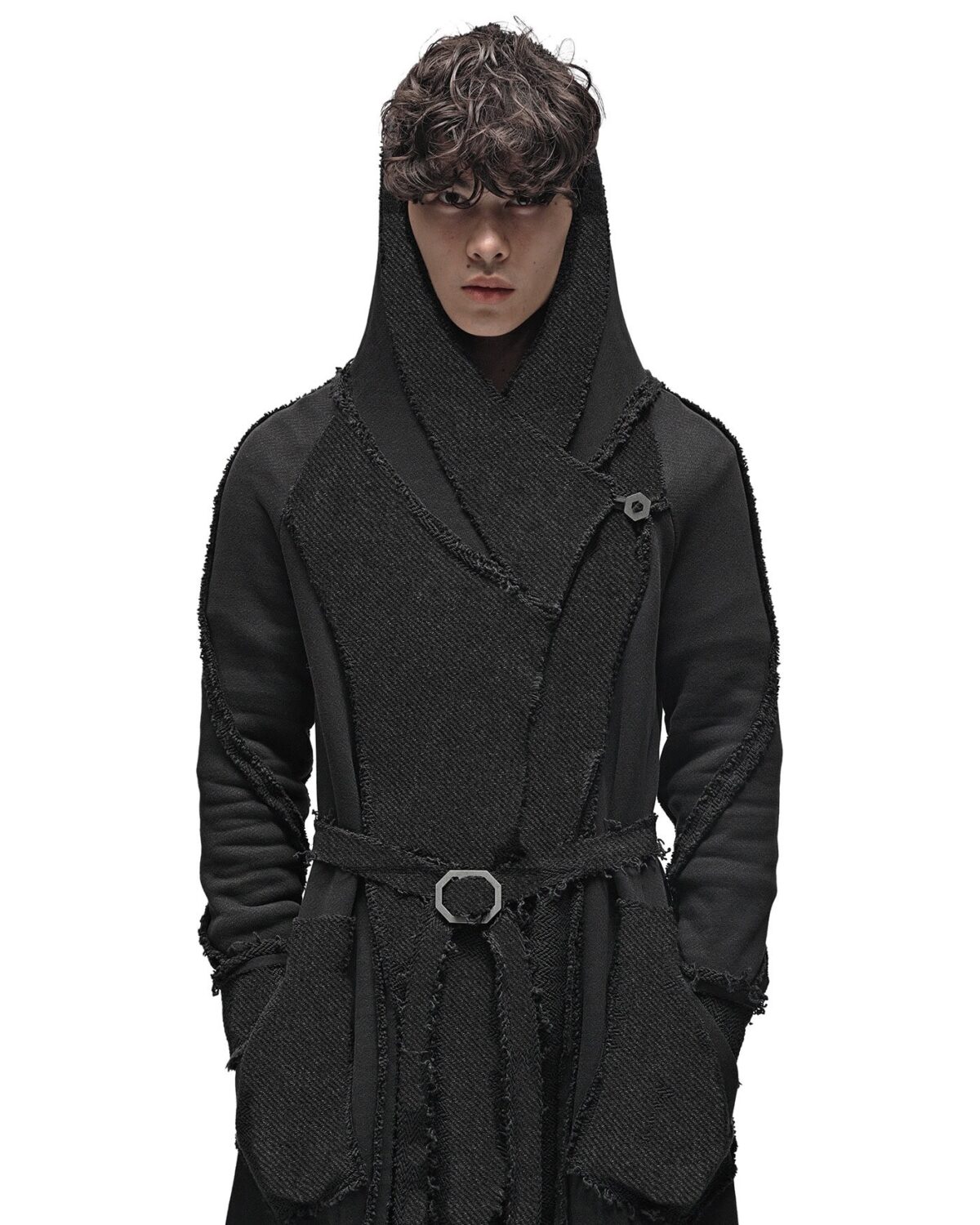 MINOAR - Reverse Edge Hood Buckle Cardigan, Men's black cotton cardigan with multi-segment construction - 7