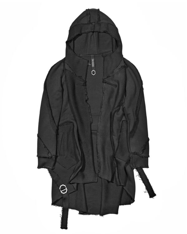 MINOAR - Reverse Edge Hood Buckle Cardigan, Men's black cotton cardigan with multi-segment construction - 1