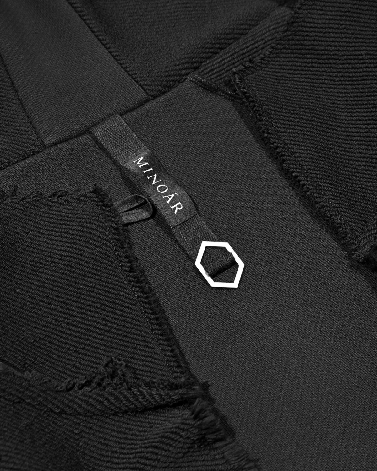MINOAR - Reverse Edge Hood Buckle Cardigan, Men's black cotton cardigan with multi-segment construction - 8