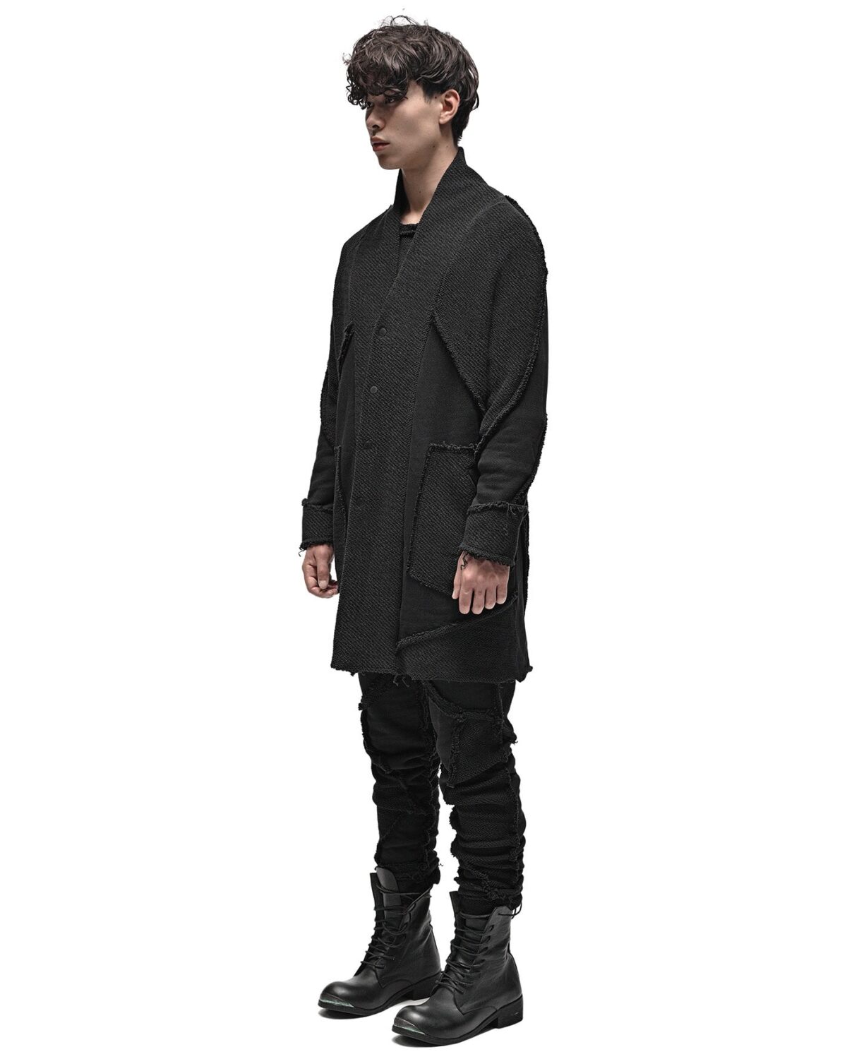 MINOAR - Reverse Edge Construct Cardigan, Men's black cotton cardigan with multi-segment construction - 3