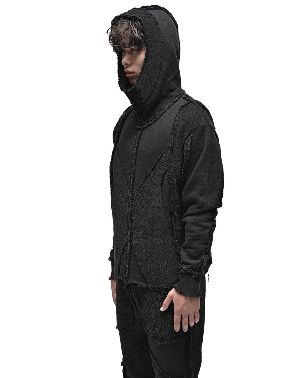 MINOAR - Construct Reverse Hoodie, Men's black cotton hoodie with multi-segment construction - 6