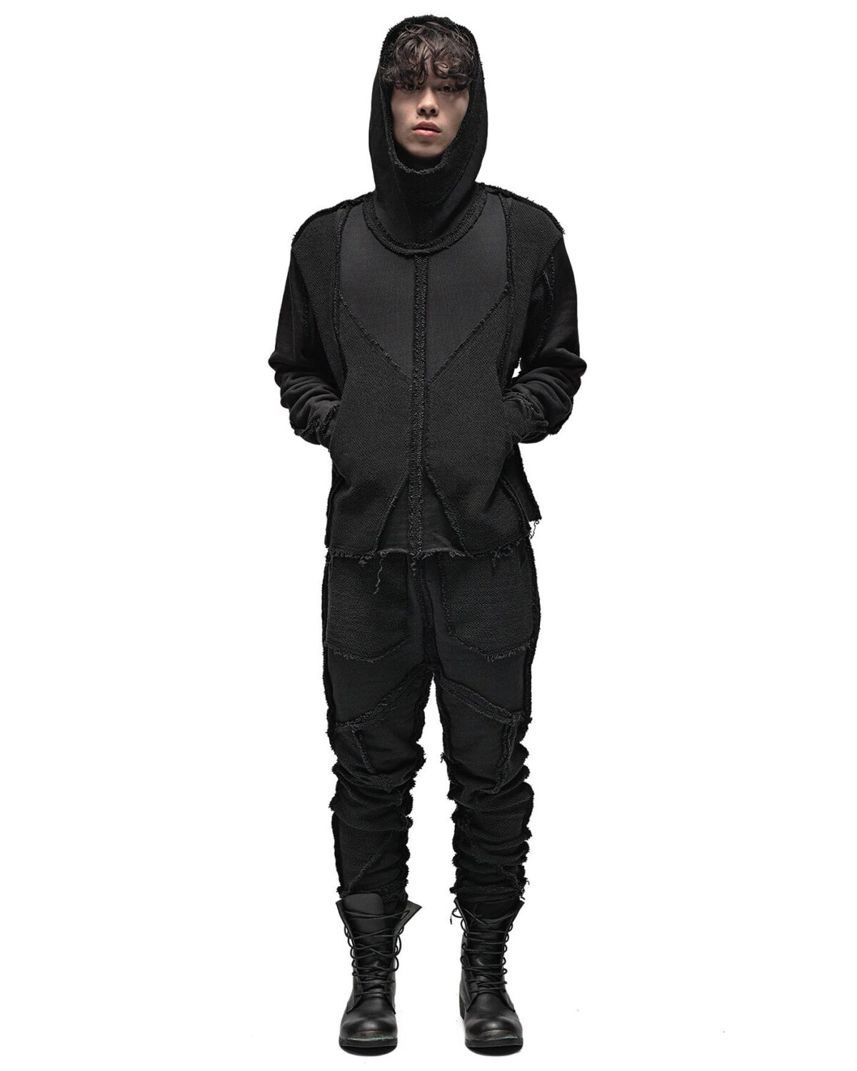 MINOAR - Construct Reverse Hoodie, Men's black cotton hoodie with multi-segment construction - 3